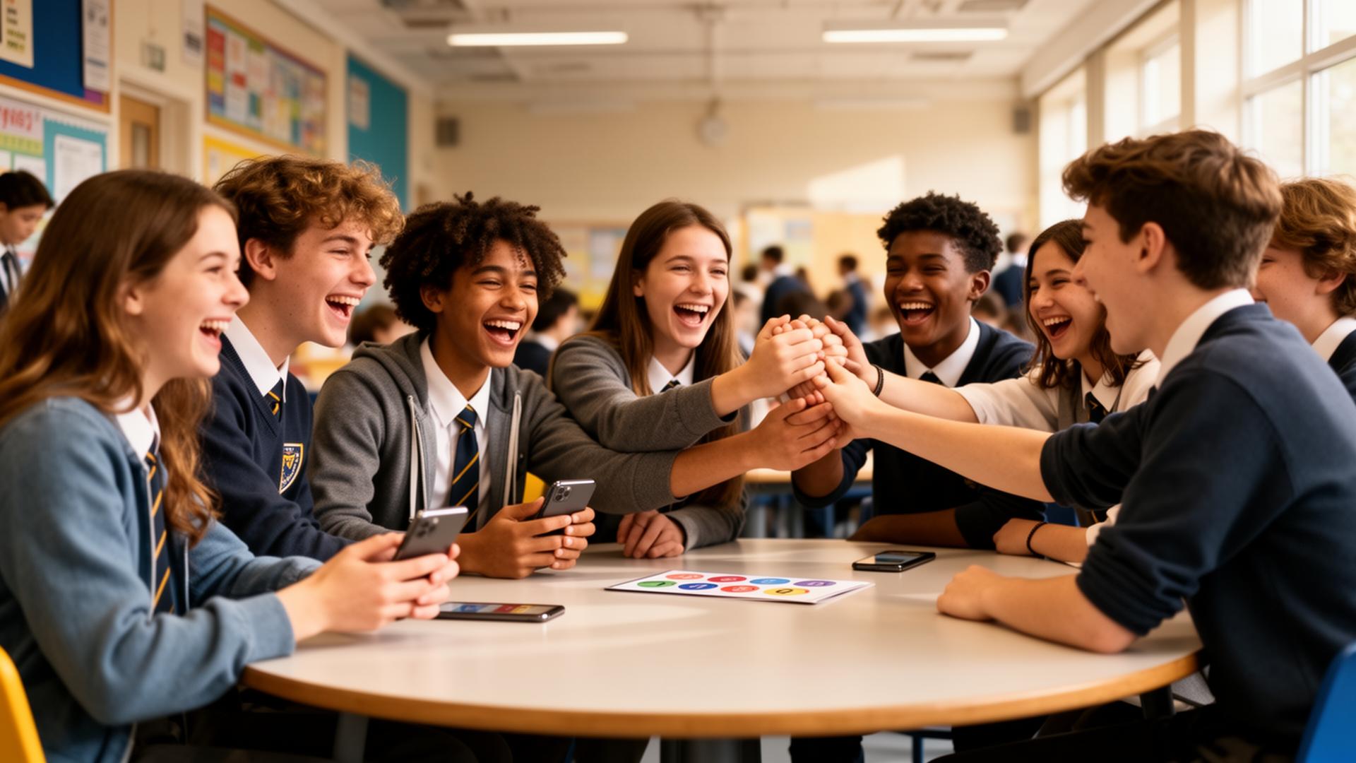 Teenagers enjoying a smartphone quiz at school
