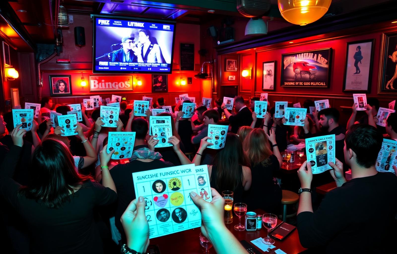 A packed pub playing music bingo with HitMix-style cards